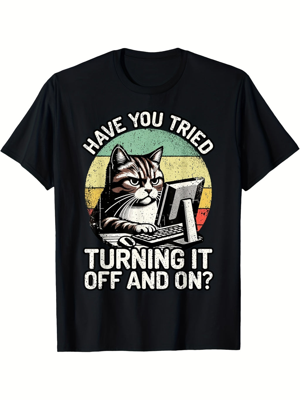 Funny Cat Graphic T-Shirt - Have You Tried Turning It Off and On Retro Striped Design 180g Pure Unisex Short Sleeve Crew Neck Tee for Men & Women Casual Wear for Home Travel Fitness Same Style for Men and Women 2026 Summer Short-sleeved Printed T