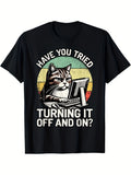 Funny Cat Graphic T-Shirt - Have You Tried Turning It Off and On Retro Striped Design 180g Pure Unisex Short Sleeve Crew Neck Tee for Men & Women Casual Wear for Home Travel Fitness Same Style for Men and Women 2026 Summer Short-sleeved Printed T