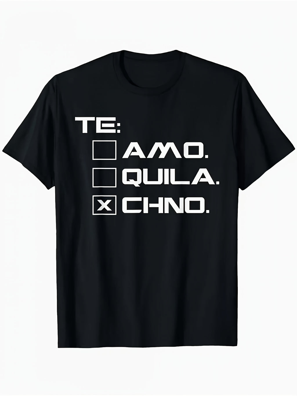 Men's EDM Music Festival T-Shirt - Black with White Spanish Phrase Print (TE AMO QUILA CHNO) - Breathable Loose Fit Round Neck Casual & Gym Shirt - All-Season Machine Washable Same Style for Men and Women 2026 Summer Short-sleeved Printed T-shirt
