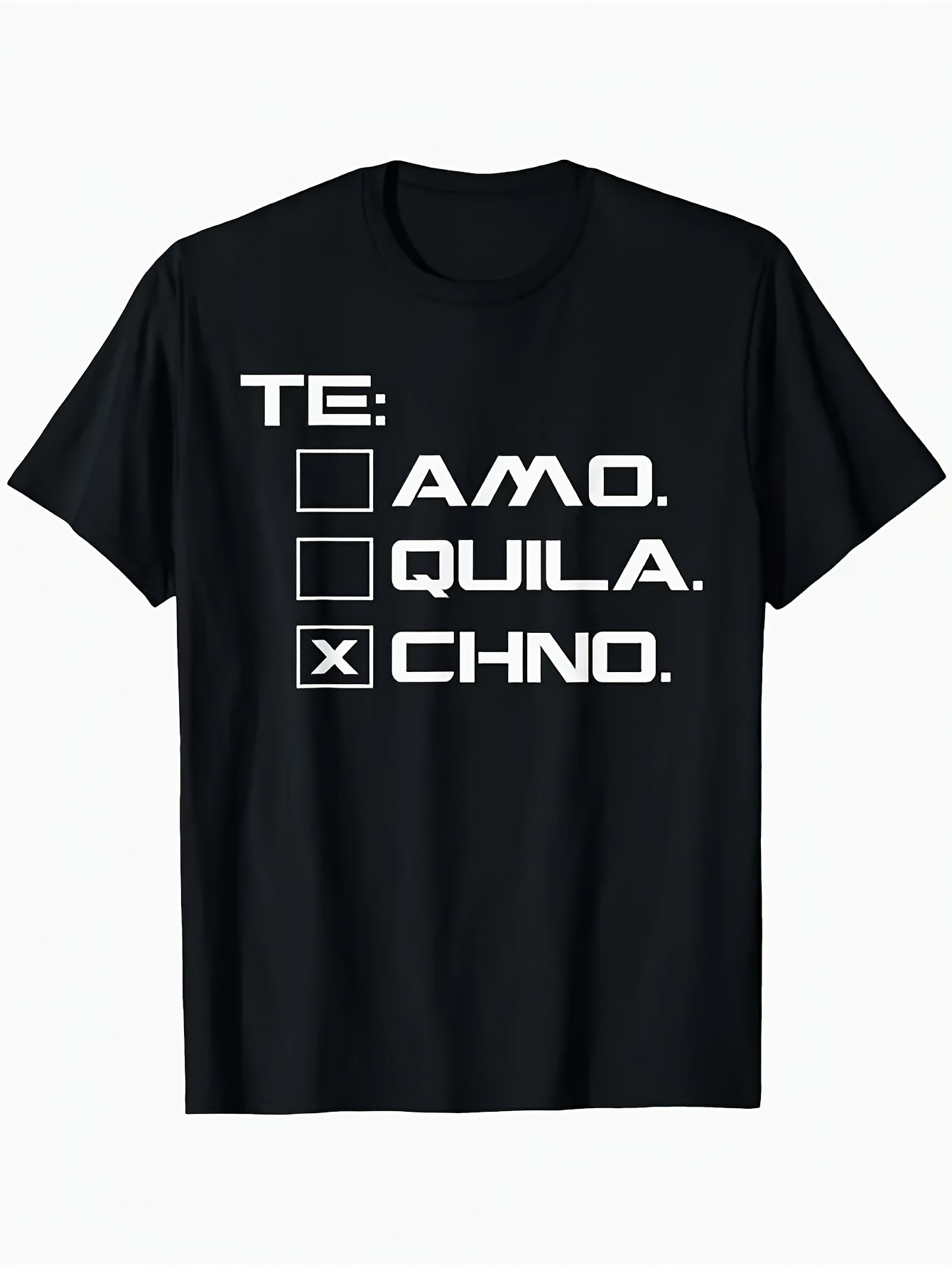 Men's EDM Music Festival T-Shirt - Black with White Spanish Phrase Print (TE AMO QUILA CHNO) - Breathable Loose Fit Round Neck Casual & Gym Shirt - All-Season Machine Washable Same Style for Men and Women 2026 Summer Short-sleeved Printed T-shirt