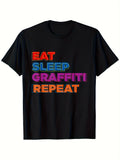 Men'S Casual Streetwear Graphic T-Shirt - Eat Sleep Graffiti Repeat | Bold Color Block Print Black Regular Fit Short Sleeve Round Neck Tee for Urban Art Enthusiasts All-season Apparel, Vintage Style, Crew Neck, Pullover, Slight Stretch Fabric, 180G