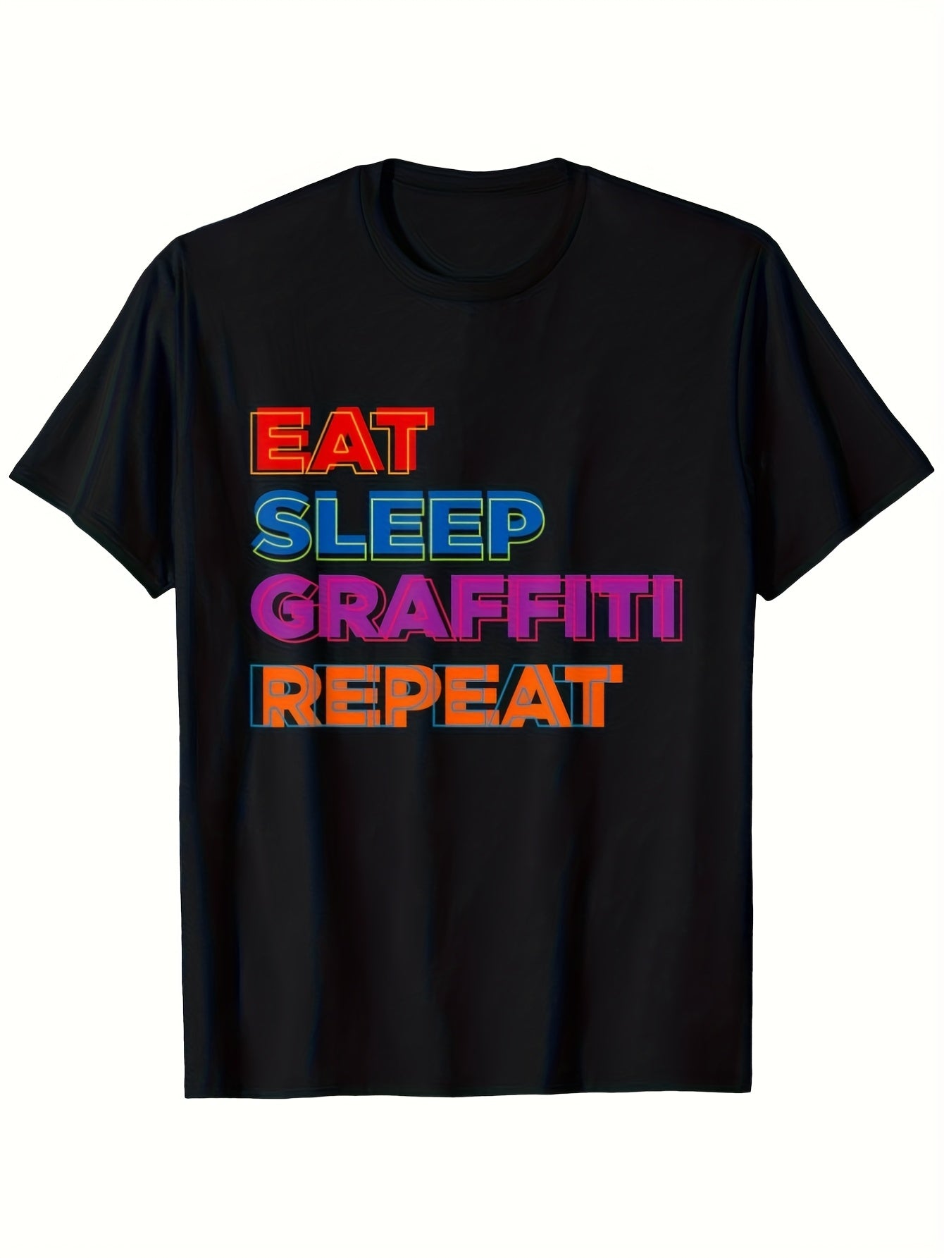 Men'S Casual Streetwear Graphic T-Shirt - Eat Sleep Graffiti Repeat | Bold Color Block Print Black Regular Fit Short Sleeve Round Neck Tee for Urban Art Enthusiasts All-season Apparel, Vintage Style, Crew Neck, Pullover, Slight Stretch Fabric, 180G