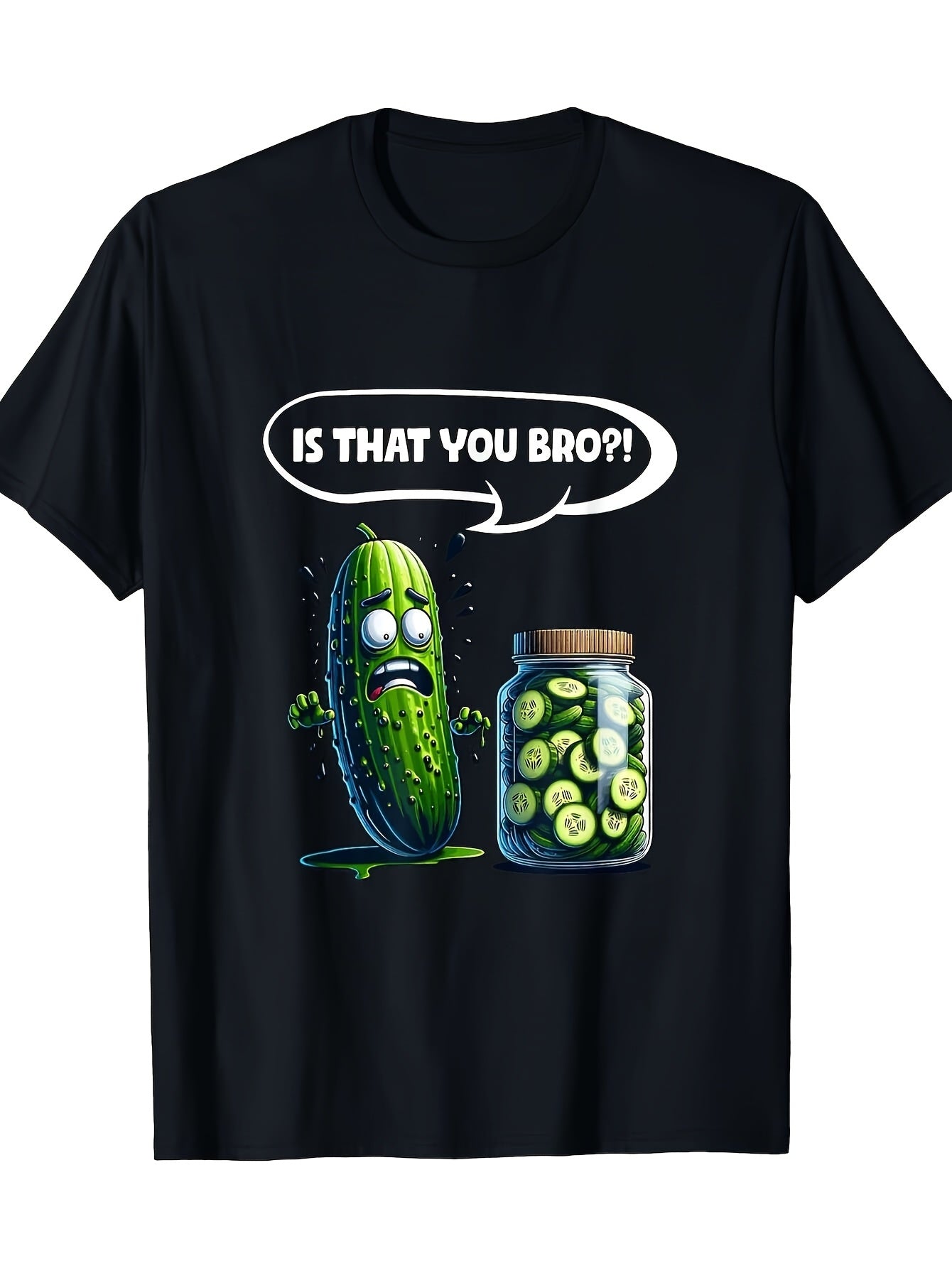Humorous T-Shirt for Pickle Enthusiasts - Black Featuring a Graphic of a Cucumber with The Phrase 'IS THAT YOU BRO!' Comfortable Regular Fit Crew Neck Short Sleeve Tee Suitable for Both Men And Women