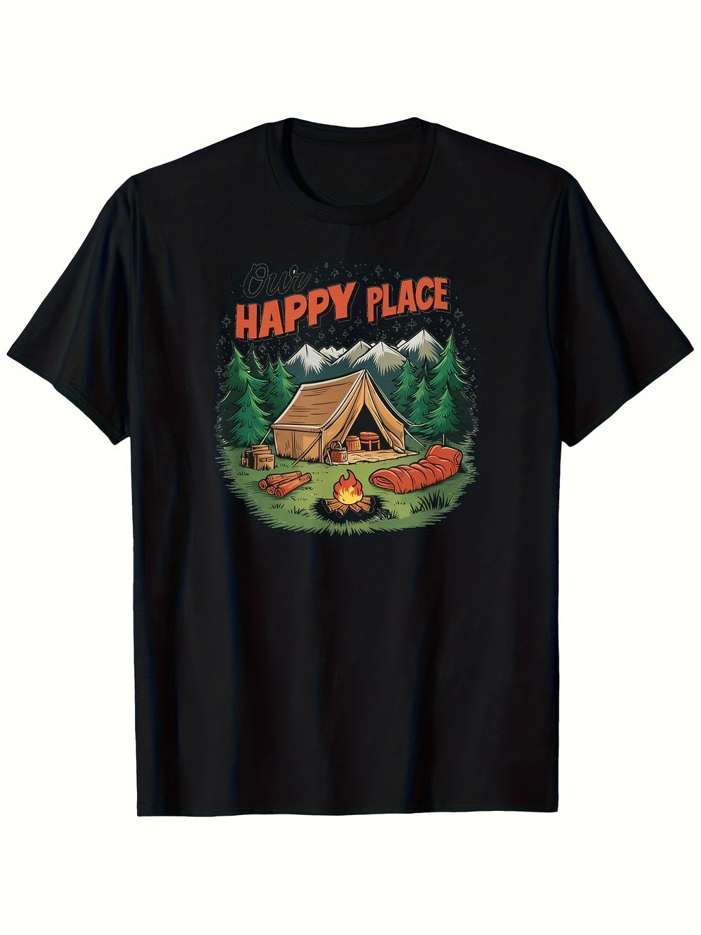 Men'S Camping Graphic T-Shirt | Relaxed Fit Tee with Happy Place Text & Cozy Cabin Design - Heavyweight 180gsm, Short-Sleeved, Vintage Style, Crew Neck, Perfect for Outdoor Adventures & Casual Wear
