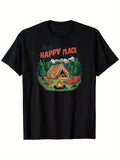 Men'S Camping Graphic T-Shirt | Relaxed Fit Tee with Happy Place Text & Cozy Cabin Design - Heavyweight 180gsm, Short-Sleeved, Vintage Style, Crew Neck, Perfect for Outdoor Adventures & Casual Wear