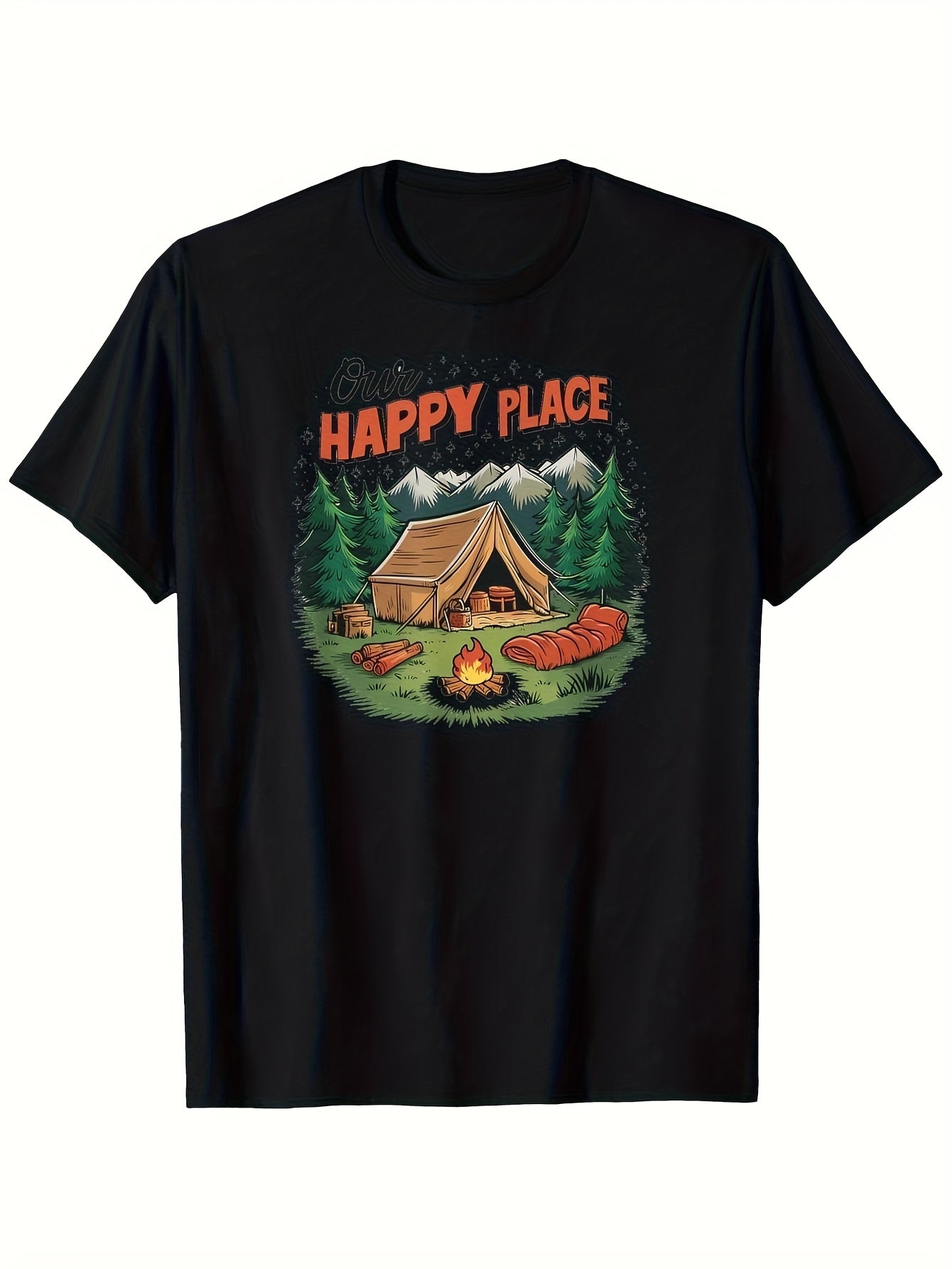 Men'S Camping Graphic T-Shirt | Relaxed Fit Tee with Happy Place Text & Cozy Cabin Design - Heavyweight 180gsm, Short-Sleeved, Vintage Style, Crew Neck, Perfect for Outdoor Adventures & Casual Wear