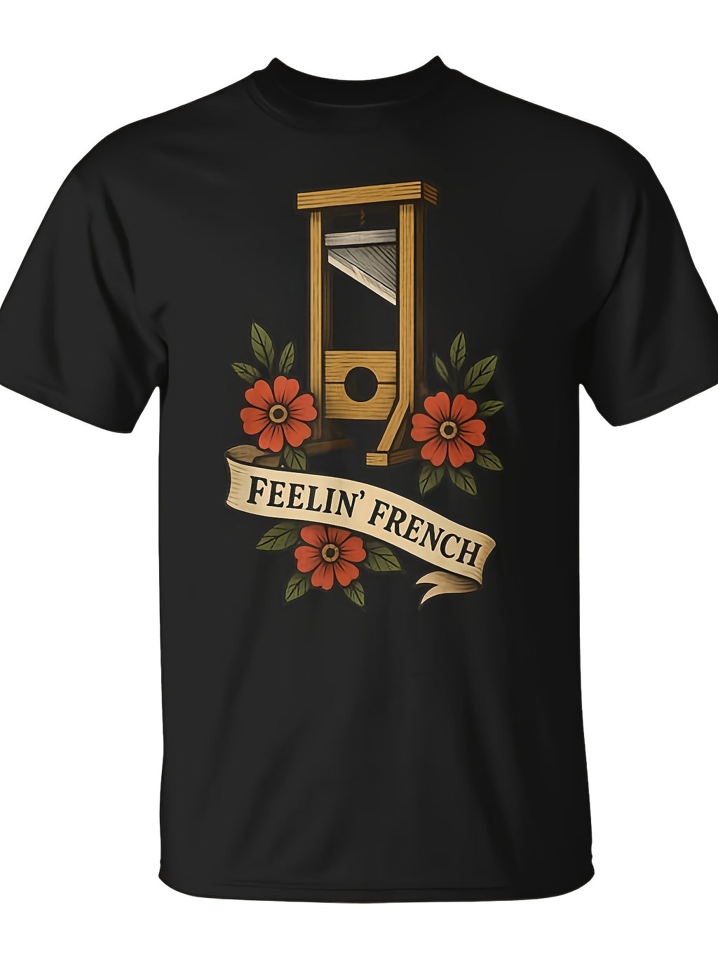 Feelin French Guillotine Vintage French Revolution Humor T-Shirt | Same Style For Men And Women, 2026 Summer Short-Sleeved Printed T-Shirt, 180G - Perfect For All-Season, Casual Wear, Crew Neck, Slight Stretch Fabric