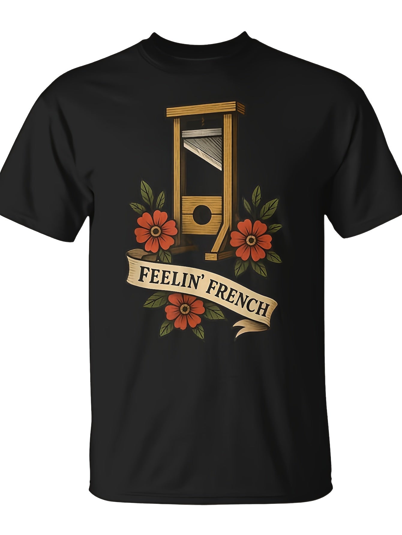 Feelin French Guillotine Vintage French Revolution Humor T-Shirt | Same Style For Men And Women, 2026 Summer Short-Sleeved Printed T-Shirt, 180G - Perfect For All-Season, Casual Wear, Crew Neck, Slight Stretch Fabric