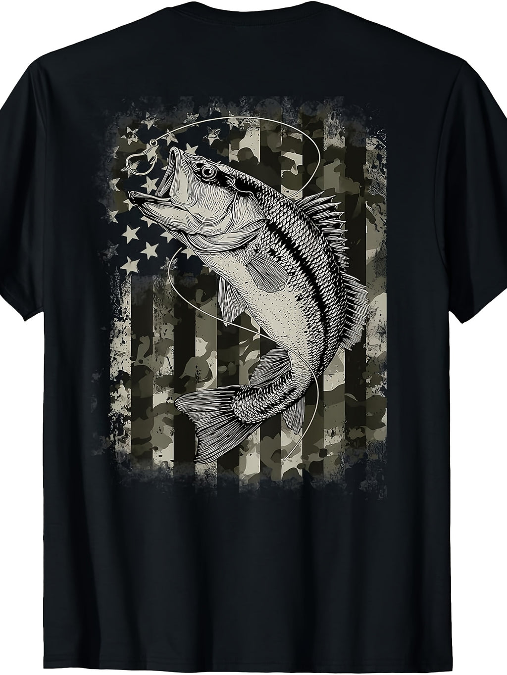 Camouflage American Flag Fisherman Bass Fishing (On Back) T-Shirt Same Style for Men and Women 2026 Summer Short-sleeved Printed T-shirt 180G