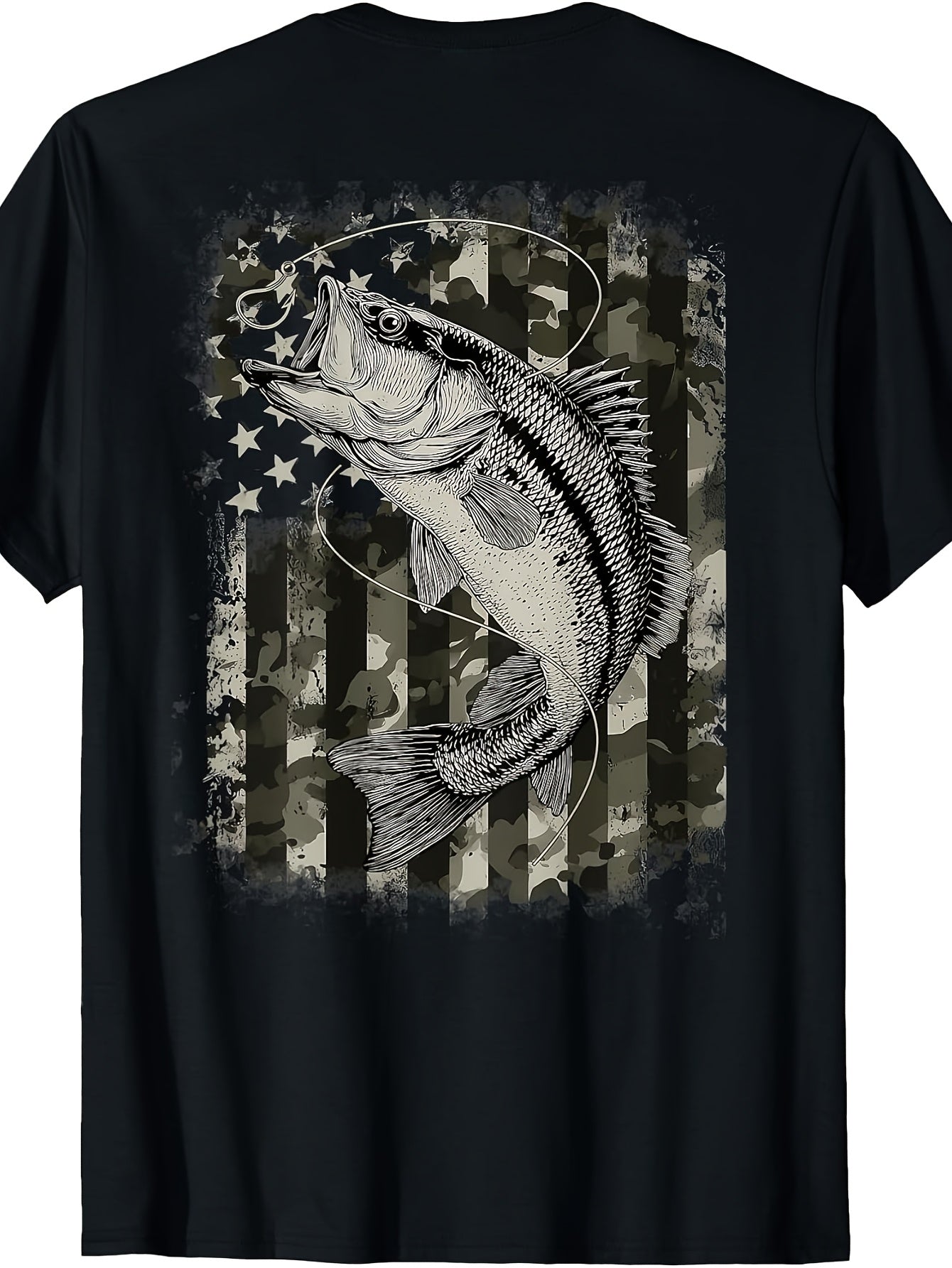 Camouflage American Flag Fisherman Bass Fishing (On Back) T-Shirt Same Style for Men and Women 2026 Summer Short-sleeved Printed T-shirt 180G
