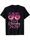Besties Gone Cruising 2025 Women's Matching Black T-Shirts - Casual Crew Neck with Pink & Purple Graphic Design Lightweight Summer Tee for Couples Friends Family - Perfect for Vacation Same Style for Men and Women 2026 Summer Short-sleeved Printed