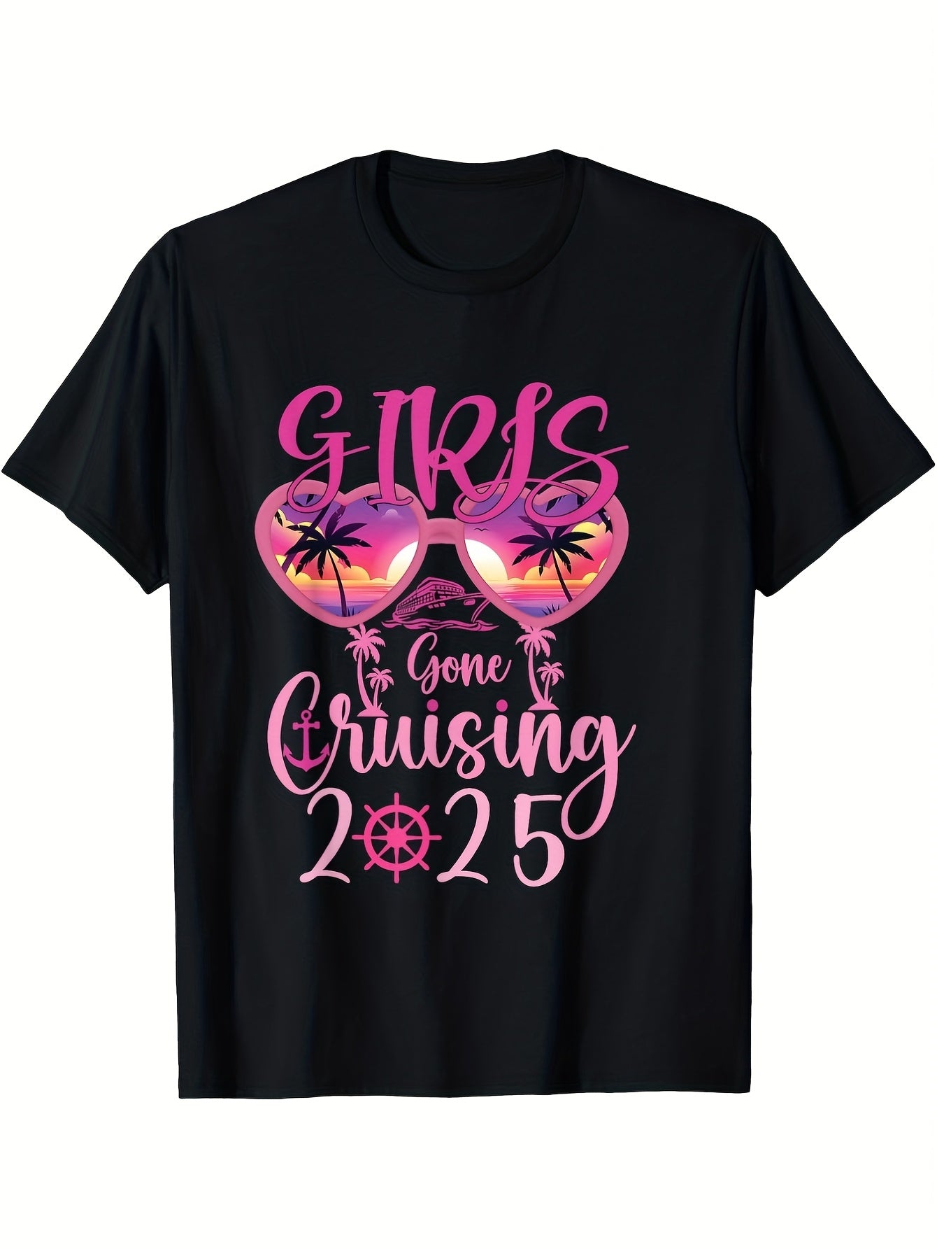 Besties Gone Cruising 2025 Women's Matching Black T-Shirts - Casual Crew Neck with Pink & Purple Graphic Design Lightweight Summer Tee for Couples Friends Family - Perfect for Vacation Same Style for Men and Women 2026 Summer Short-sleeved Printed
