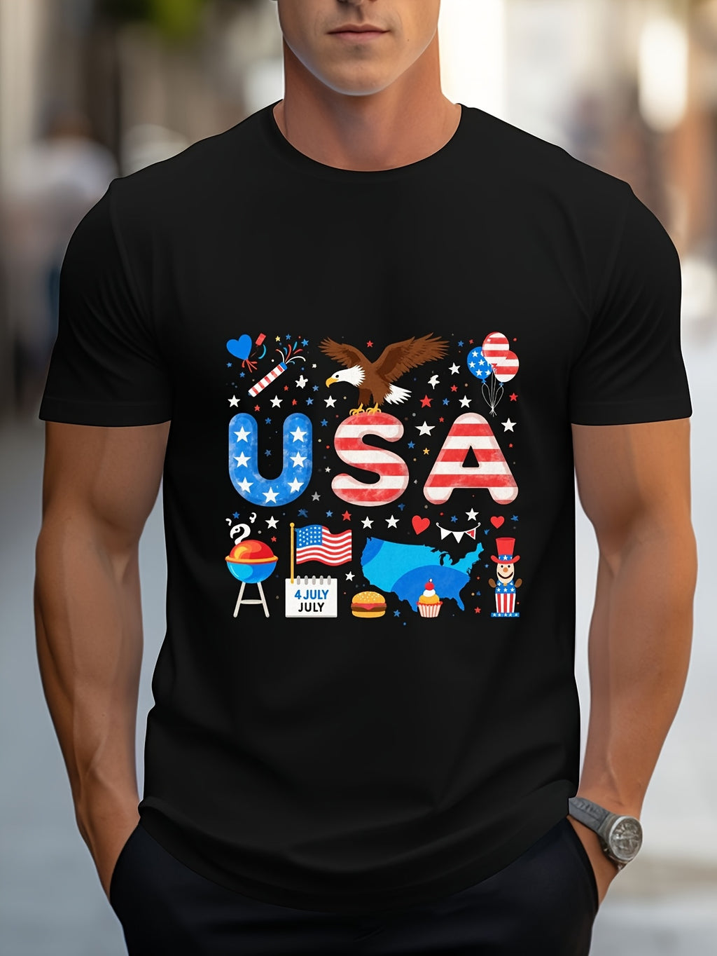 American Independence Day Patriotic Theme T-Shirt Featuring Colorful Holiday Design with Stars and Stripes Barbecue Grill Burger Cupcake Toy Soldier American 1776 July 4th Blue Red White Same Style for Men and Women 2026 Summer Short-sleeved Printed