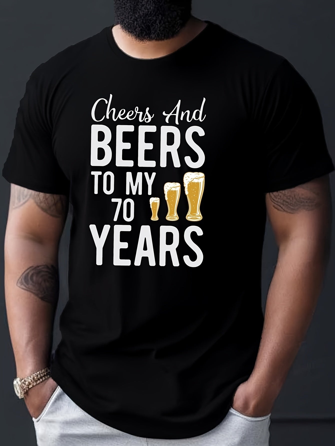 Men's Humorous 70Th Birthday Beer Celebration T-Shirt - Toasting to My 70 Years Comical Milestone Birthday Gift Tee - Comfortable Breathable Crew Neck Shirt - Machine Washable Black with White Be Same Style for Men and Women 2026 Summer Short-sleeved