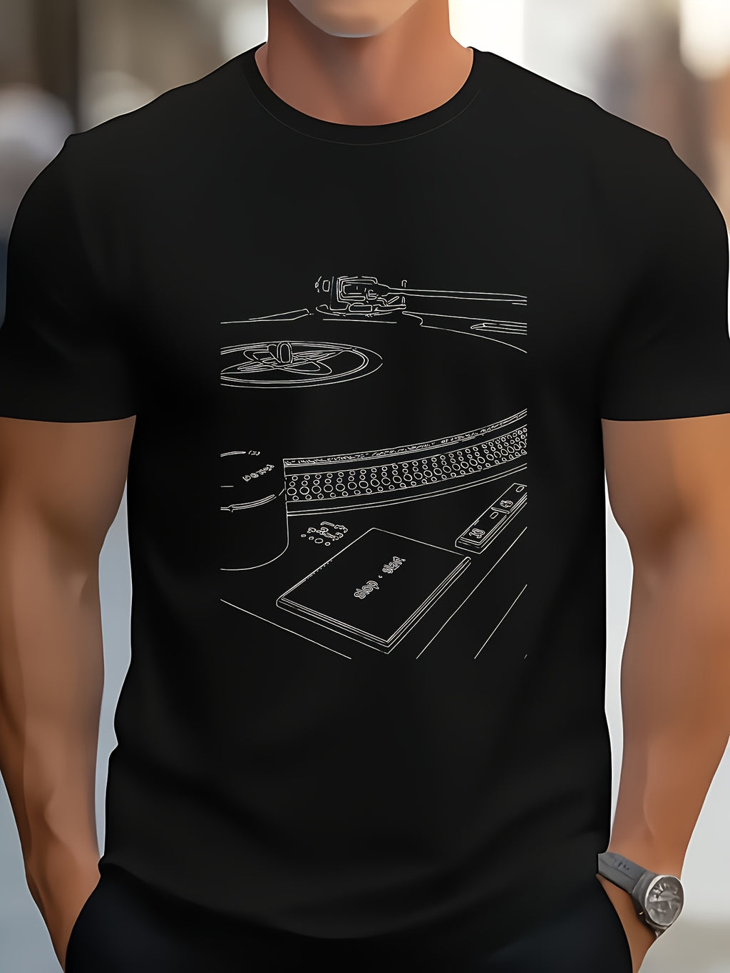 1pc of Vinyl Forever DJ Graphic T-Shirt - A 100% Black Crew Neck Tee Featuring a White Vintage Turntable And Vinyl Record Print. This Regular Fit, Short-Sleeved Casual Shirt Is Designed for Men