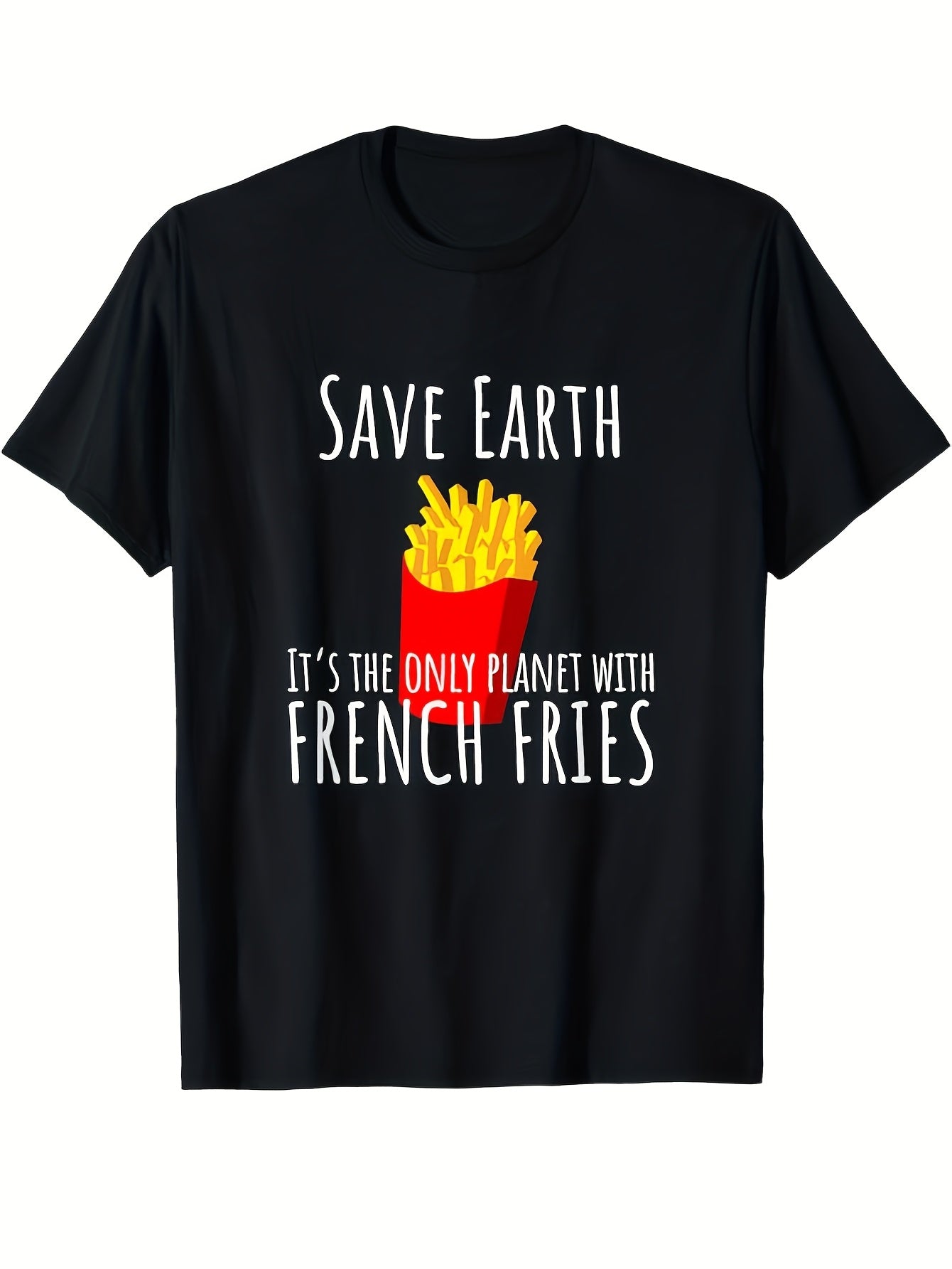 Men's Funny Save Earth It's Only Planet with French Fries Graphic T-Shirt 100% Relaxed Fit Crew Neck Soft Breathable Fabric Machine Washable Black Casual Wear Casual Style Comfortabl Same Style for Men and Women 2026 Summer Short-sleeved Printed