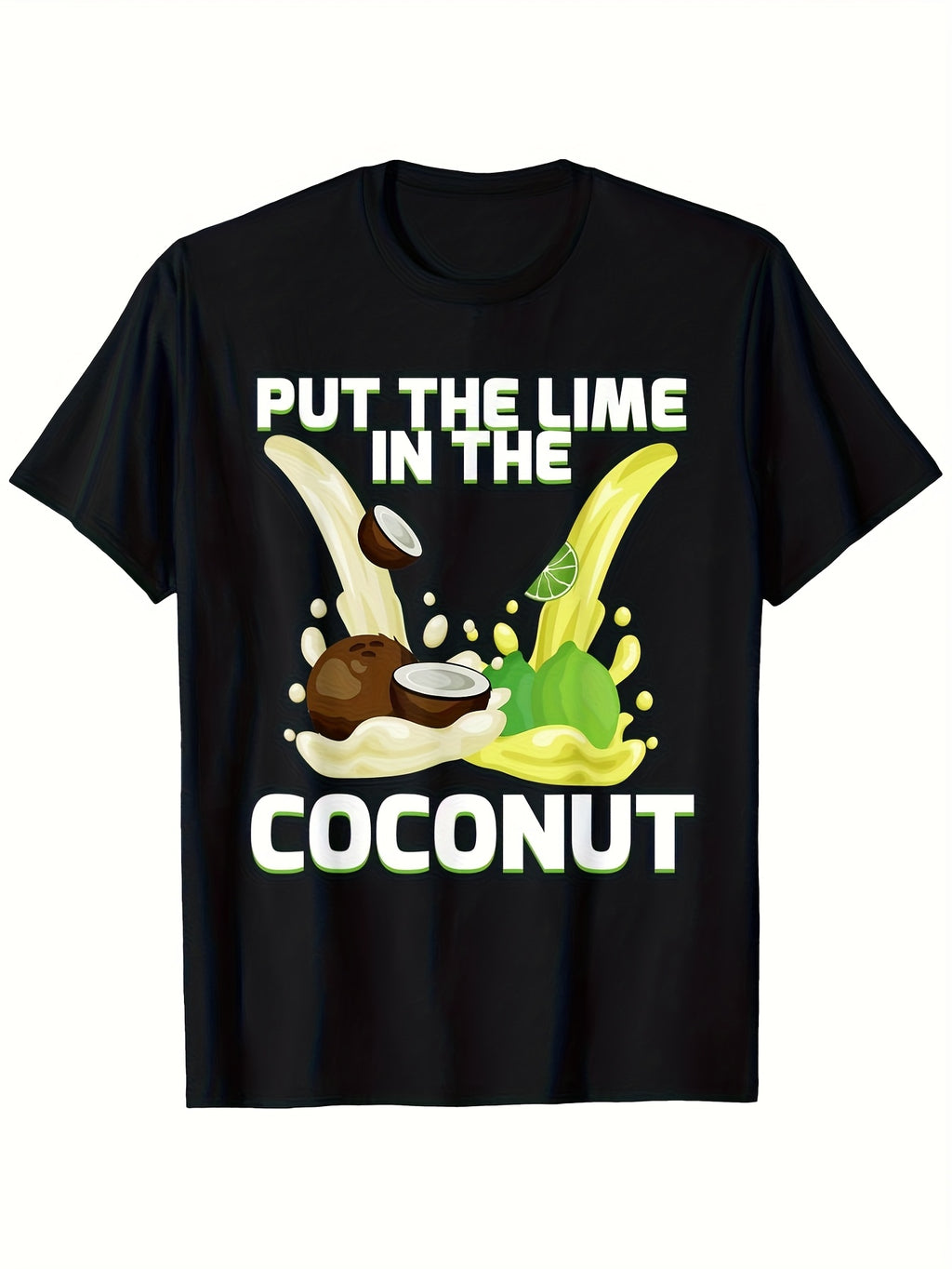 Men'S Funny Tropical Graphic T-Shirt - Put Lime In Coconut Design | Soft Heavyweight 100%, Crew Neck, Black with Lime & Coconut Pattern, Regular Fit, Short Sleeves, Perfect for Beach Parties and Casual Attire - 180G
