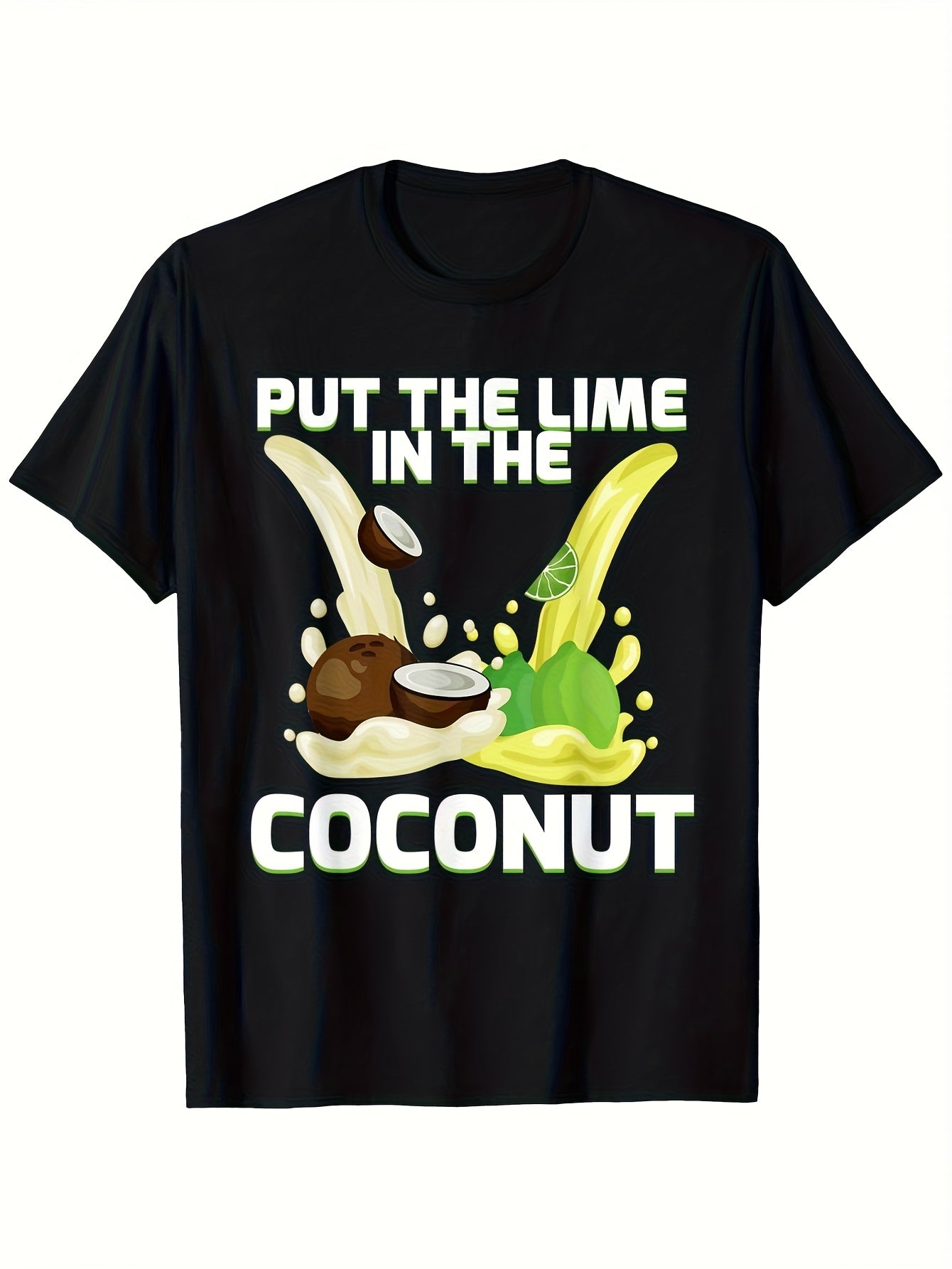 Men'S Funny Tropical Graphic T-Shirt - Put Lime In Coconut Design | Soft Heavyweight 100%, Crew Neck, Black with Lime & Coconut Pattern, Regular Fit, Short Sleeves, Perfect for Beach Parties and Casual Attire - 180G