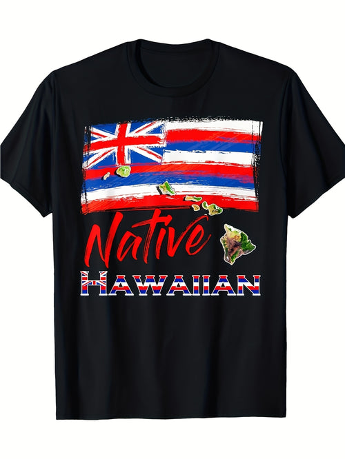 1pc Local Hawaiian Flag & Islands Print T-Shirt | 100% Boho Style, Regular Fit, Crew Neck, Short Sleeve, Breathable Knit Fabric, All-Season Casual Wear for Adult, Same Style for Men and Women, 2026 Summer Short-Sleeved Printed T-Shirt