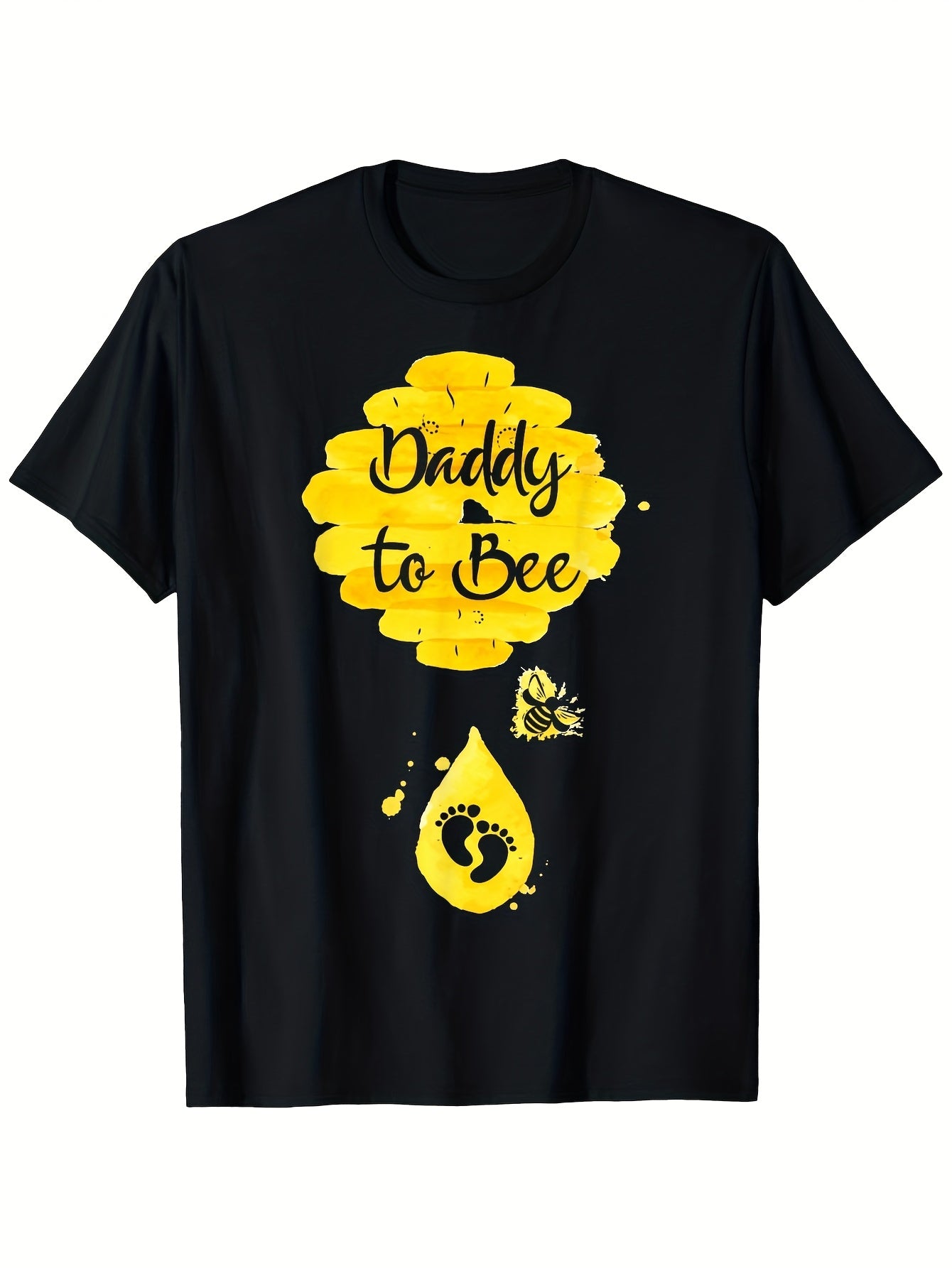 Daddy to Bee Shower T-Shirt | Gender Reveal Pregnancy Announcement with Footprints & Bee Design, 200g Premium Unisex Tee for Men & Women (S-3XL) Black - New Dad & Expecting Mom Outfit, Vintage Style, Crew Neck, Short Sleeve