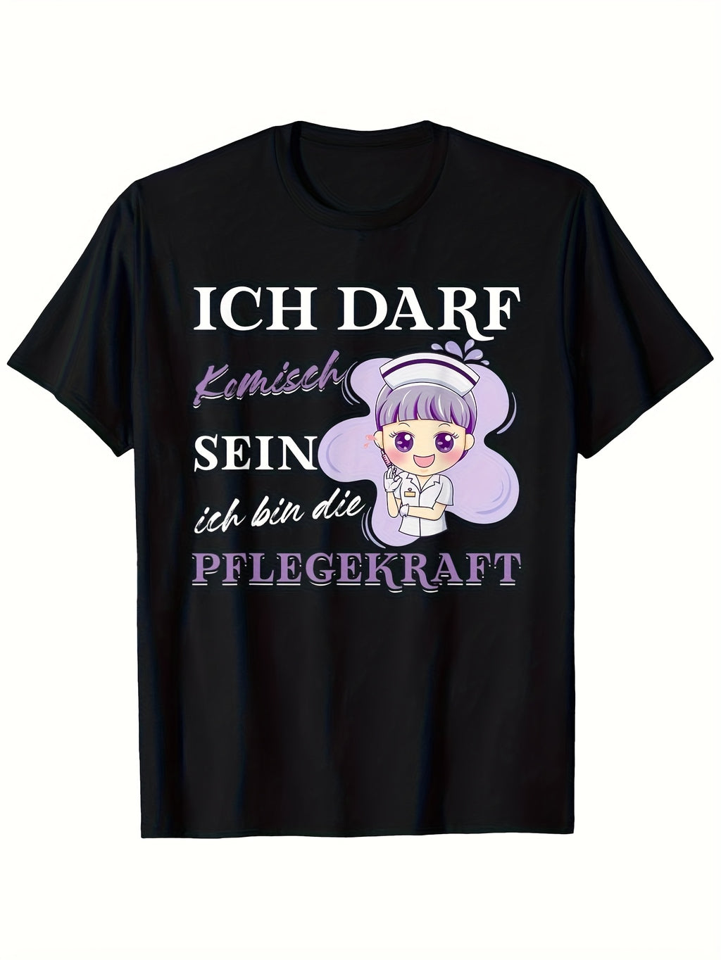 Funny Caregiver Humor T-Shirt - 100% Casual Round Neck Tee with German Quote & Cartoon Nurse Design S-2xl Sizes Black - Perfect Gift for St Patrick's Day Easter Father's Day Mother's Same Style for Men and Women 2026 Summer Short-sleeved Printed T