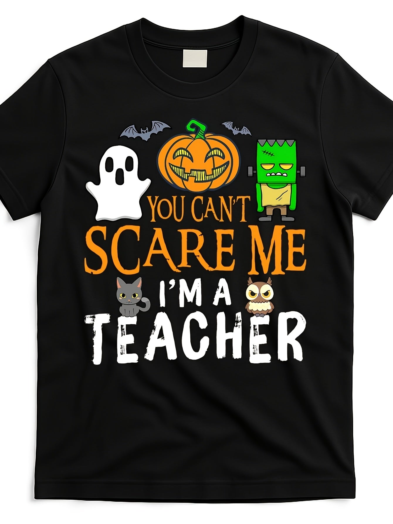 Halloween-Themed T-Shirt for Teachers - a Humorous Design Featuring a Pumpkin And a Haunted House Graphic. This Black Round Neck Tee Is Perfect for Adults And Makes a Great Gift for Teacher Appreciation. It'S a Fun Graphic Tee Available in a Similar