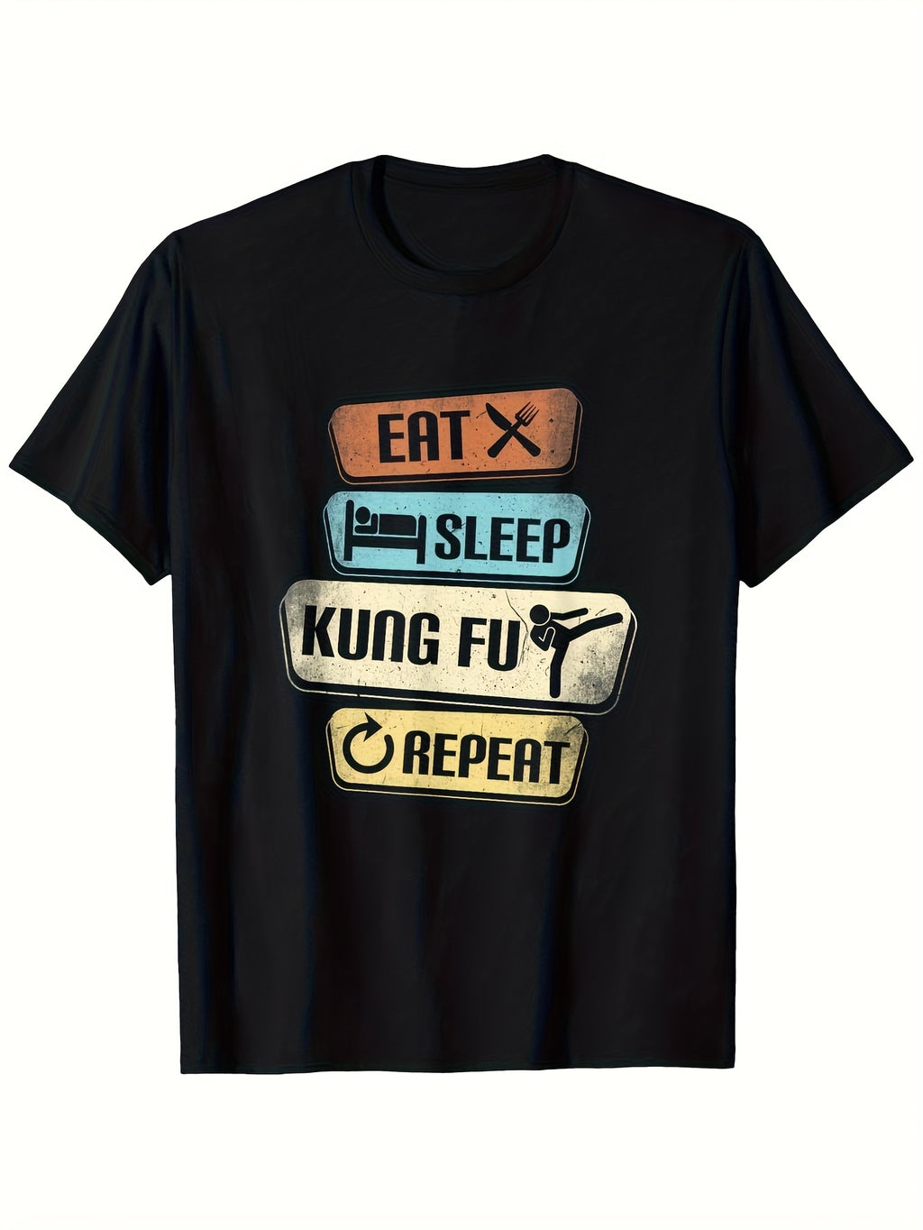 Men's Funny Kung Fu T-Shirt - Eat Sleep Kung Fu Repeat Martial Arts Design - Black Tee with Orange Blue Yellow Graphic Boxes - Soft Breathable Shirt for Gym Casual Wear - Funny Gift for Same Style for Men and Women 2026 Summer Short-sleeved Printed T