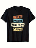 Men's Funny Kung Fu T-Shirt - Eat Sleep Kung Fu Repeat Martial Arts Design - Black Tee with Orange Blue Yellow Graphic Boxes - Soft Breathable Shirt for Gym Casual Wear - Funny Gift for Same Style for Men and Women 2026 Summer Short-sleeved Printed T
