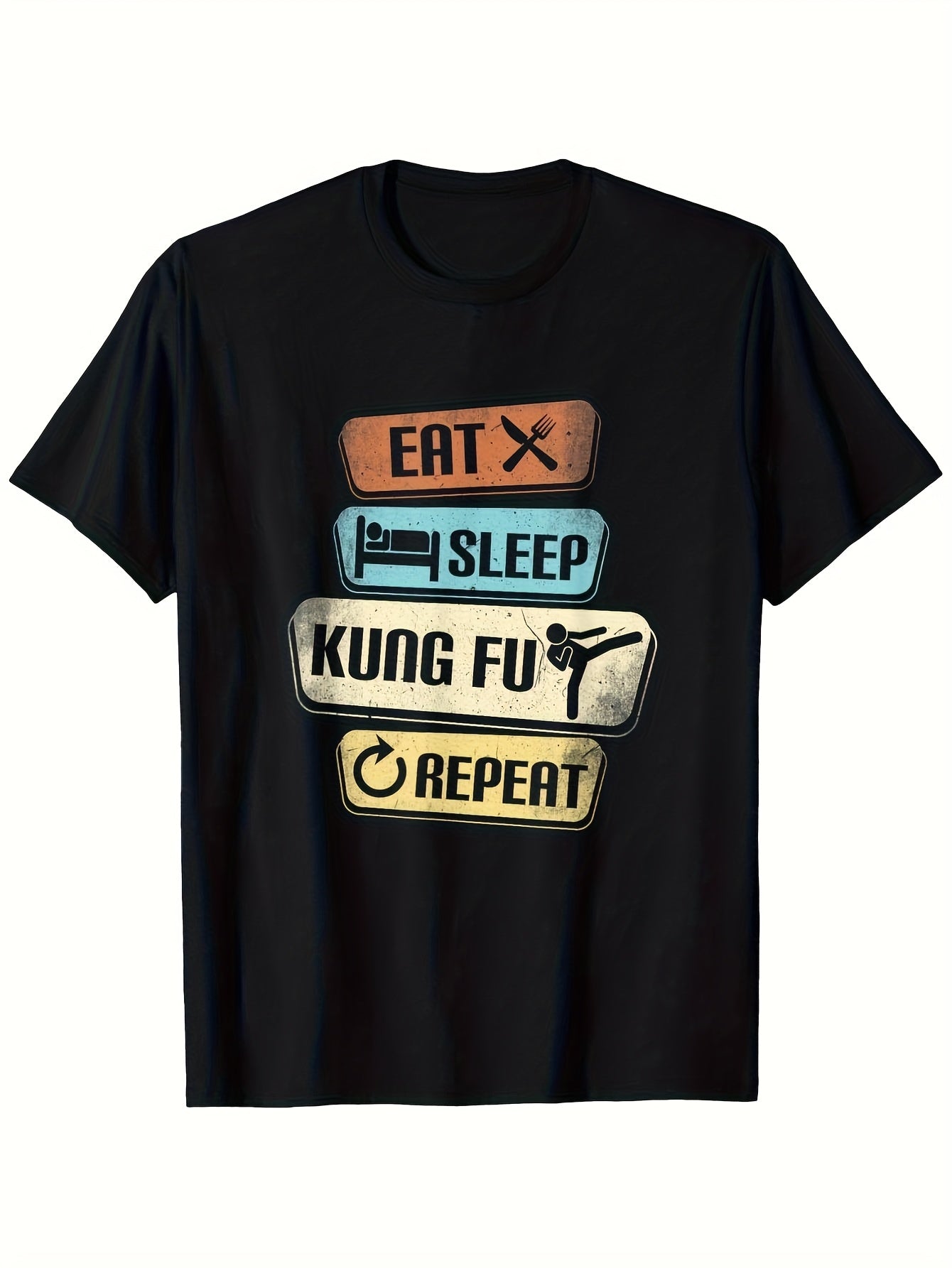 Men's Funny Kung Fu T-Shirt - Eat Sleep Kung Fu Repeat Martial Arts Design - Black Tee with Orange Blue Yellow Graphic Boxes - Soft Breathable Shirt for Gym Casual Wear - Funny Gift for Same Style for Men and Women 2026 Summer Short-sleeved Printed T