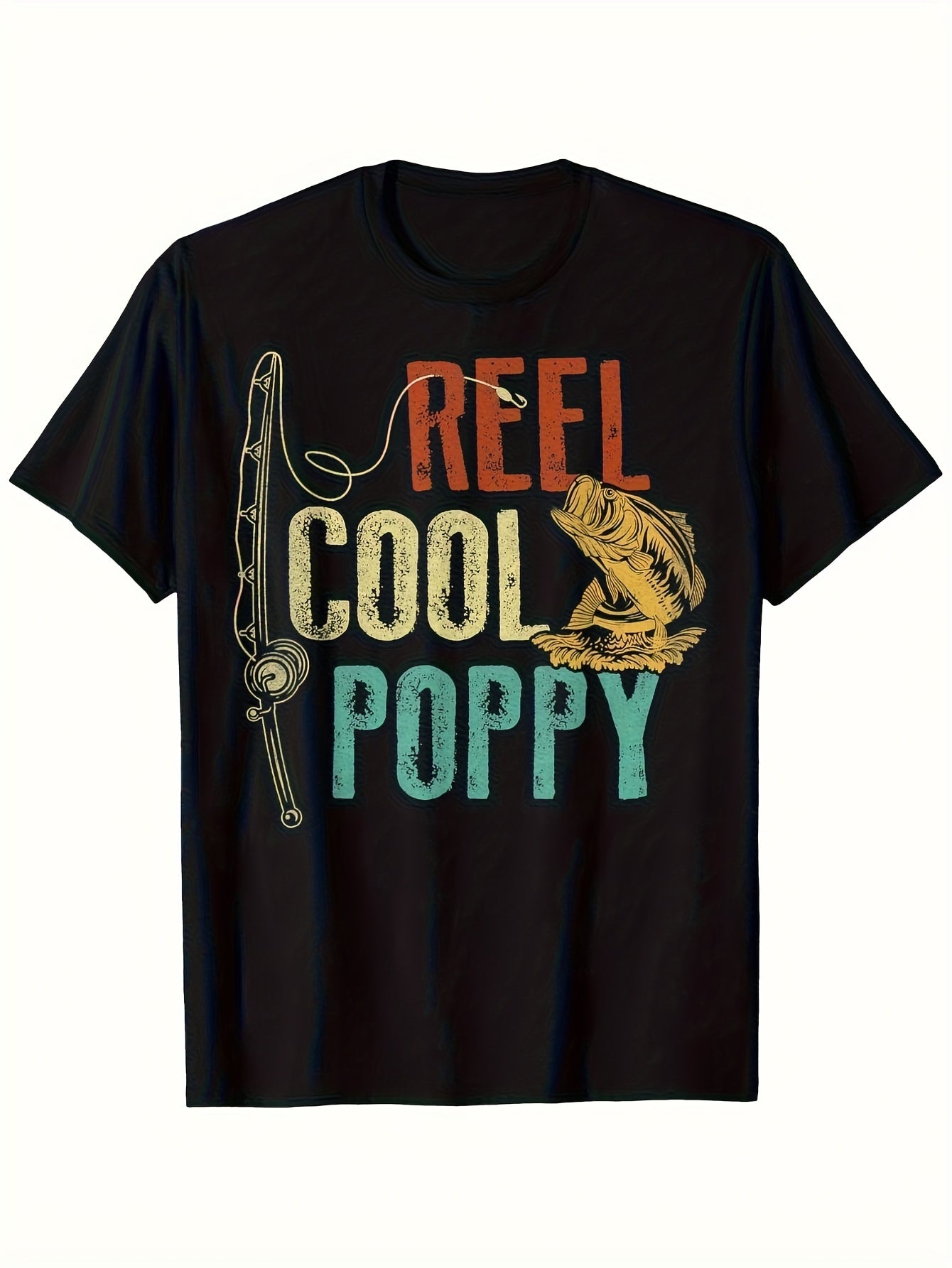 Men's Heavyweight 180g Fishing T-Shirt - REEL COOL POPPY & Fishing Rod Reel Graphic Tee All-Season Round Neck Short Sleeve Shirt for Anglers Durable Outdoor Casual Wear Machine Washable Black Same Style for Men and Women 2026 Summer Short-sleeved