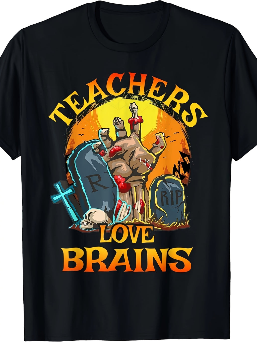 Men's Funny Teacher Zombie Classroom Graphic T-Shirt - Teachers Love Brains Funny Educator Gift - Lightweight Breathable Black Shirt for Halloween Teacher's Day School Events - Funny Teacher Same Style for Men and Women 2026 Summer Short-sleeved