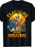 Men's Funny Teacher Zombie Classroom Graphic T-Shirt - Teachers Love Brains Funny Educator Gift - Lightweight Breathable Black Shirt for Halloween Teacher's Day School Events - Funny Teacher Same Style for Men and Women 2026 Summer Short-sleeved