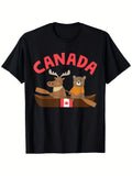 Canada Pride Maple Leaf T-Shirt - Black | Heavyweight Fabric with Canadian Map Elk & Flag Design, Slim Fit, Casual Crew Neck, Machine Washable, All-Season Comfort, Vintage Style, Regular Fit, Short Sleeve, 180G