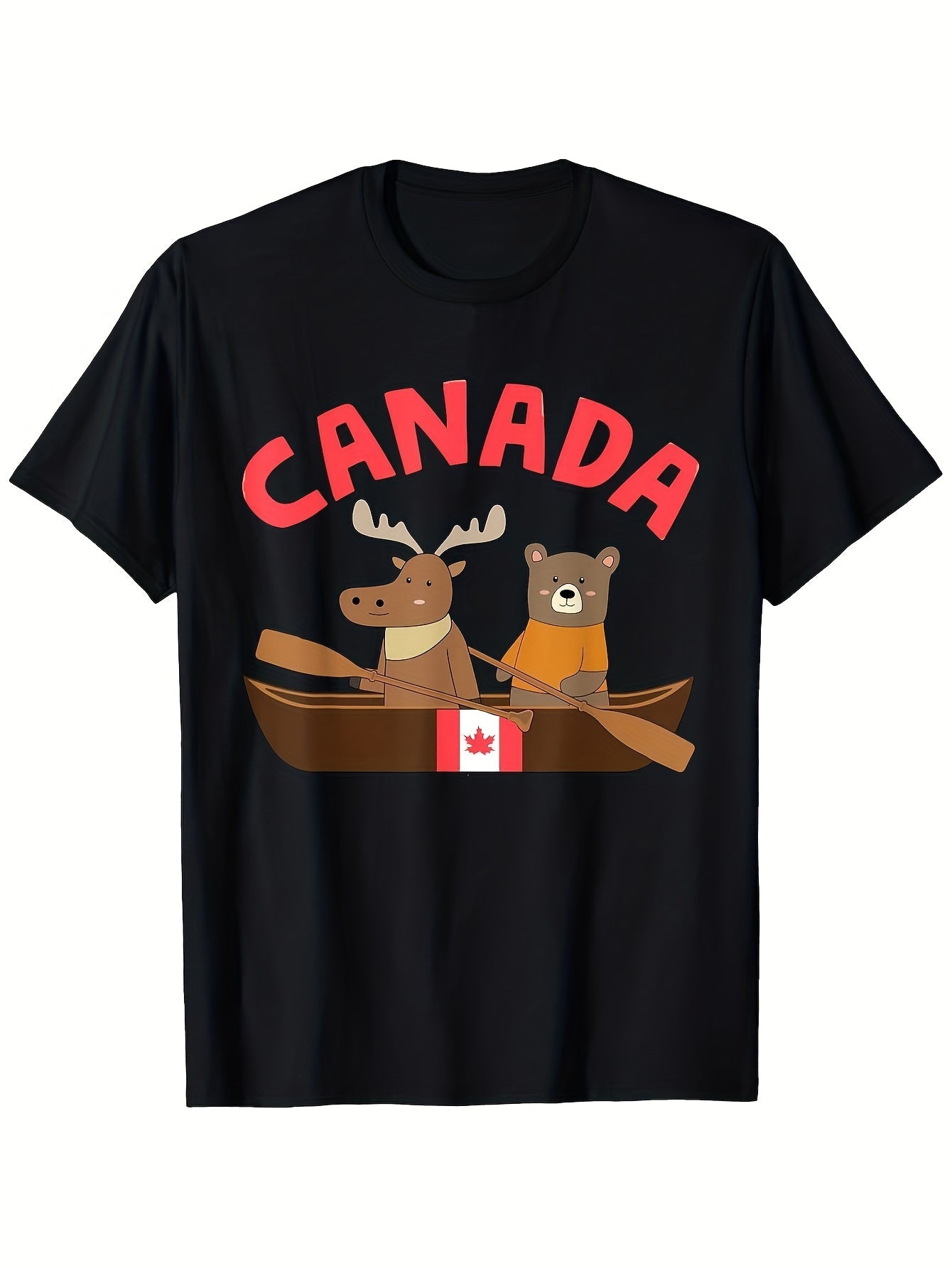 Canada Pride Maple Leaf T-Shirt - Black | Heavyweight Fabric with Canadian Map Elk & Flag Design, Slim Fit, Casual Crew Neck, Machine Washable, All-Season Comfort, Vintage Style, Regular Fit, Short Sleeve, 180G