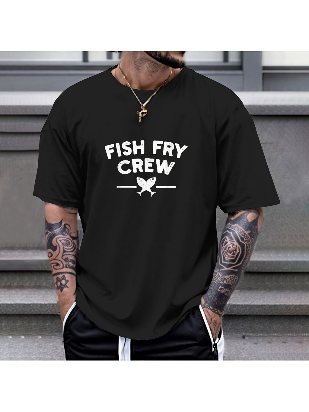Men'S Funny Fish Fry Crew Fishing T-Shirt | Casual Short Sleeve Tee with Fish Fry Text & Hook Print, S-XXXL Sizes (Black) - Ideal for Anglers, Fish Fry Parties, Comfortable, Vintage Style, Regular Fit