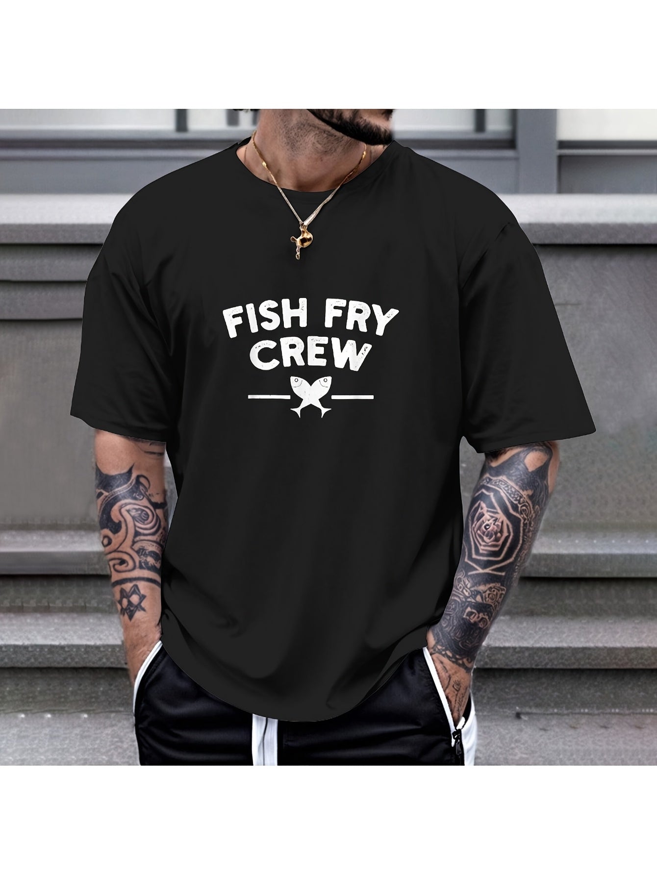Men'S Funny Fish Fry Crew Fishing T-Shirt | Casual Short Sleeve Tee with Fish Fry Text & Hook Print, S-XXXL Sizes (Black) - Ideal for Anglers, Fish Fry Parties, Comfortable, Vintage Style, Regular Fit