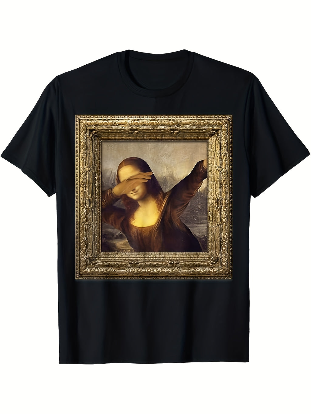 Men'S Funny Mona Lisa with Wine Print T-Shirt | Humorous Classic Art Graphic Tee, Casual Short Sleeve Crew Neck, Suitable for Parties, Casual Attire & Year-Round Outfits, Vintage Style, Regular Fit, 180G Fabric