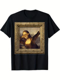 Men'S Funny Mona Lisa with Wine Print T-Shirt | Humorous Classic Art Graphic Tee, Casual Short Sleeve Crew Neck, Suitable for Parties, Casual Attire & Year-Round Outfits, Vintage Style, Regular Fit, 180G Fabric
