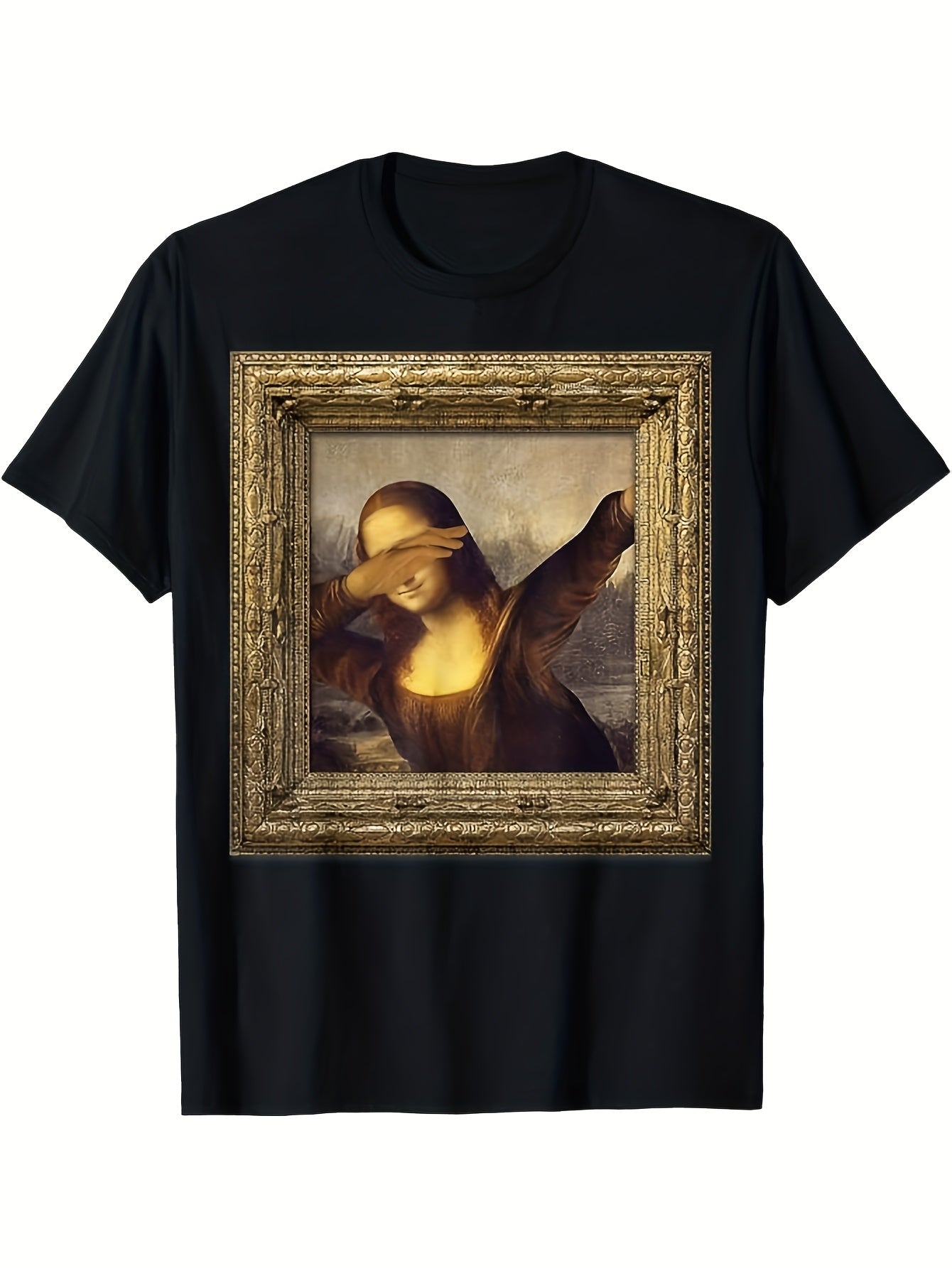 Men'S Funny Mona Lisa with Wine Print T-Shirt | Humorous Classic Art Graphic Tee, Casual Short Sleeve Crew Neck, Suitable for Parties, Casual Attire & Year-Round Outfits, Vintage Style, Regular Fit, 180G Fabric