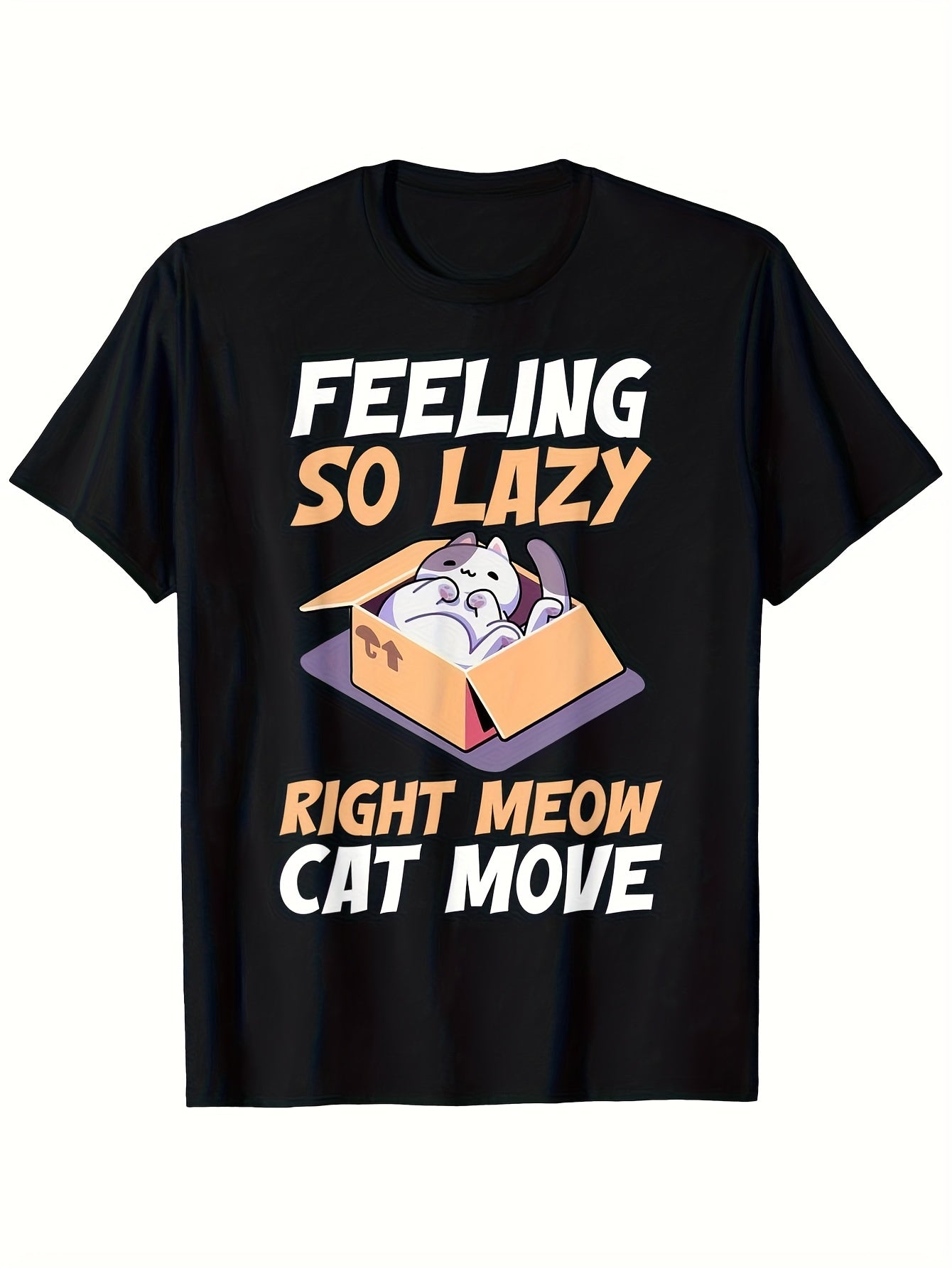 Men'S Funny Cat Lover T-Shirt - Feeling So Lazy Right Meow | Graphic Tee with Sleeping Kitty Box Design - Soft Heavyweight Shirt (180gsm) - Relaxed Fit Crewneck for Everyday & PJ Parties - Same Style for Men and Women 2026 Summer Short-Sleeved Print